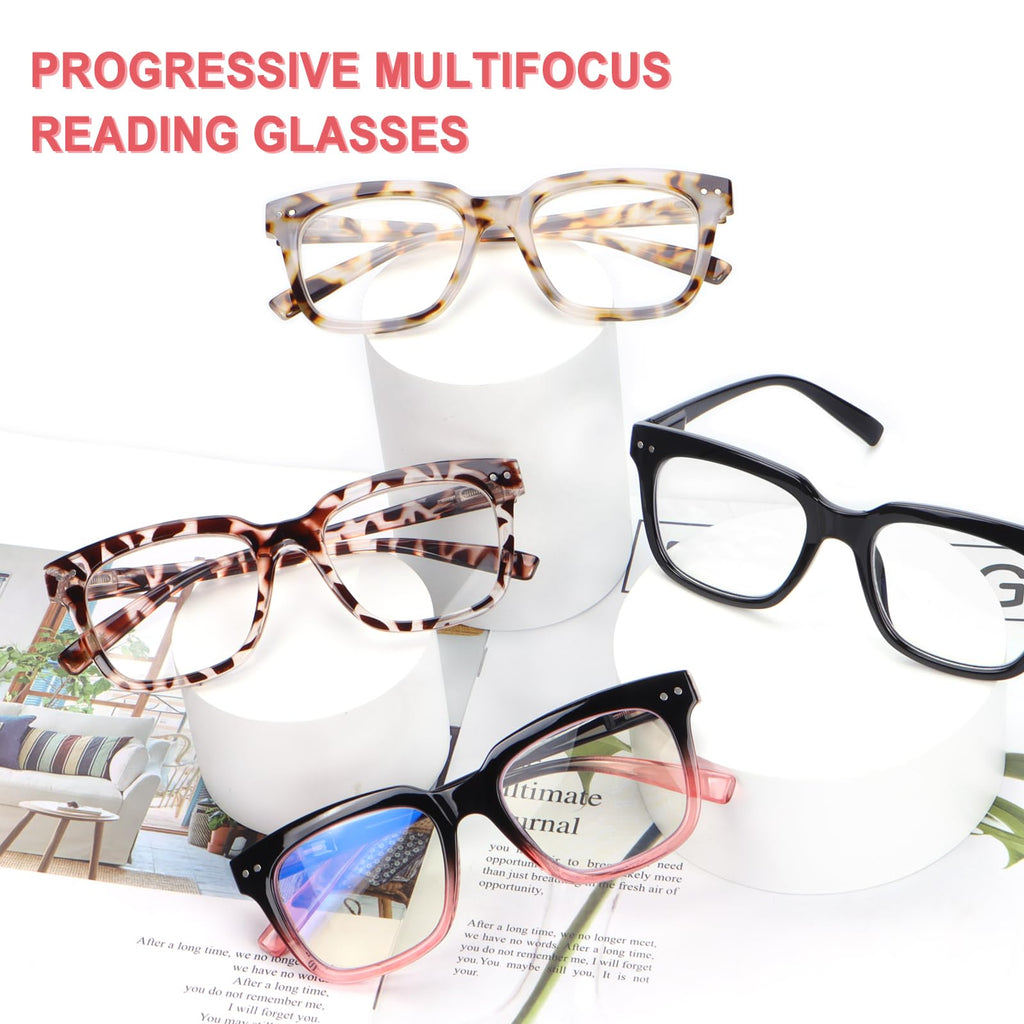 CHOFILORD Progressive Multifocus Reading Glasses for Women Men Blue Light Blocking Spring Hinge Square Computer Readers (4 Pack Mixed B, 1.75, Diopters)