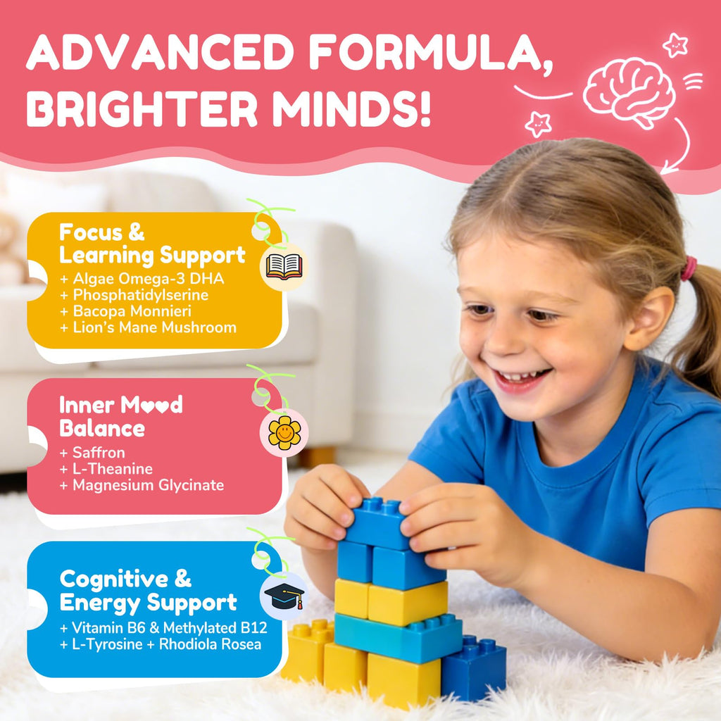 NATISLAND Focus Gummies for Kids, Brain Supplements with Phosphatidylserine, Omega-3 & Saffron, for Kids Memory, Focus & Attention Support, Sugar Free, Vegan, Strawberry Flavor, 60 Chewable