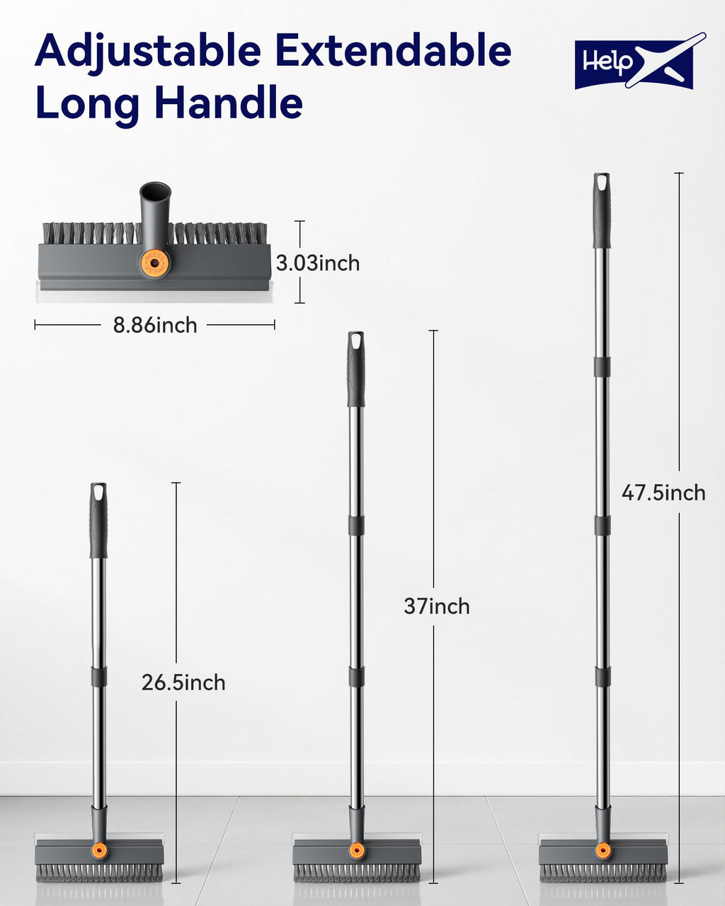 HelpX Small Floor Scrub Brush with Length Adjustable Long Handle, 3 in 1 Heavy-Duty Stiff Bristle Scrubber Brush with Squeegee and Tweezer for Cleaning Bathroom, Tile, Deck, Patio, Garage and Kitchen