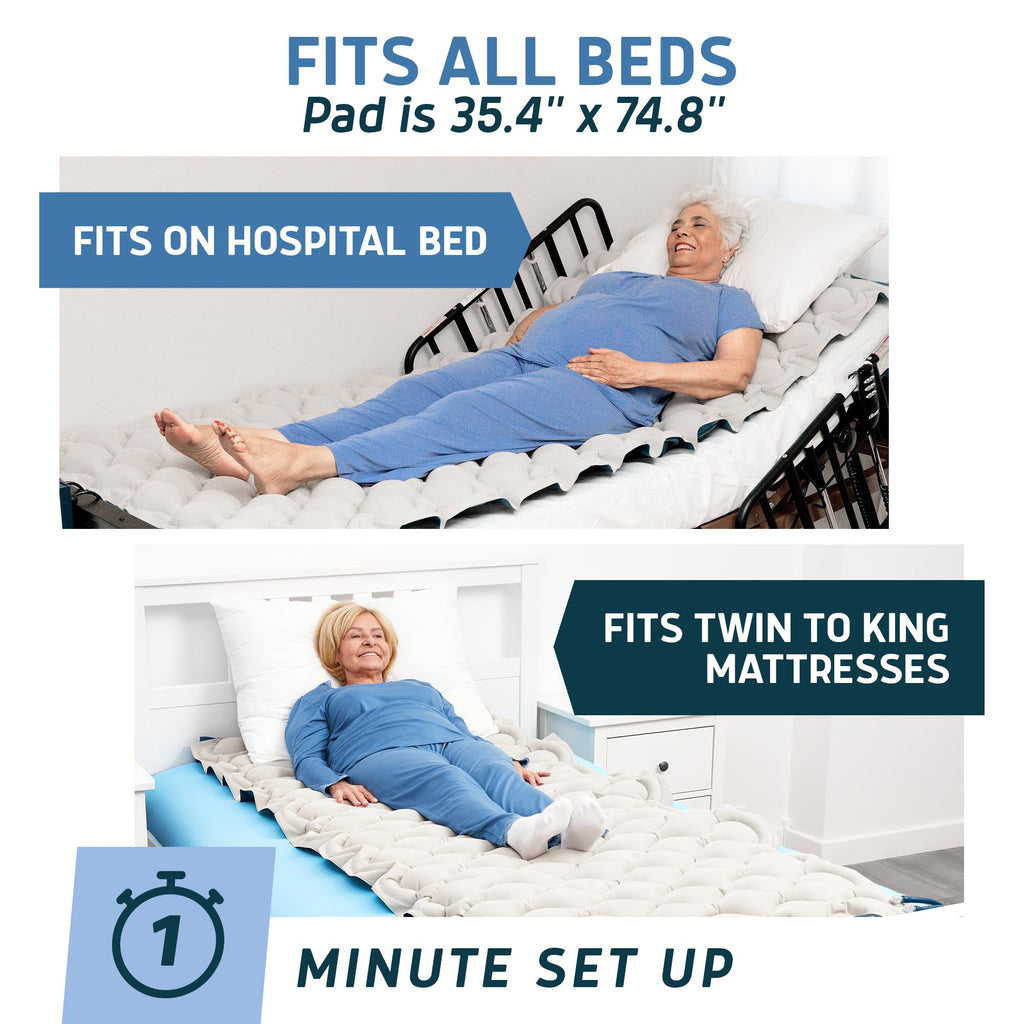 Lunderg Alternating Air Pressure Mattress Pad with Static Mode & Flocking - Comfortable Bed Sore Prevention - Includes Mattress Topper for Hospital Bed or Home & Quiet Pump - Recommended by Doctors