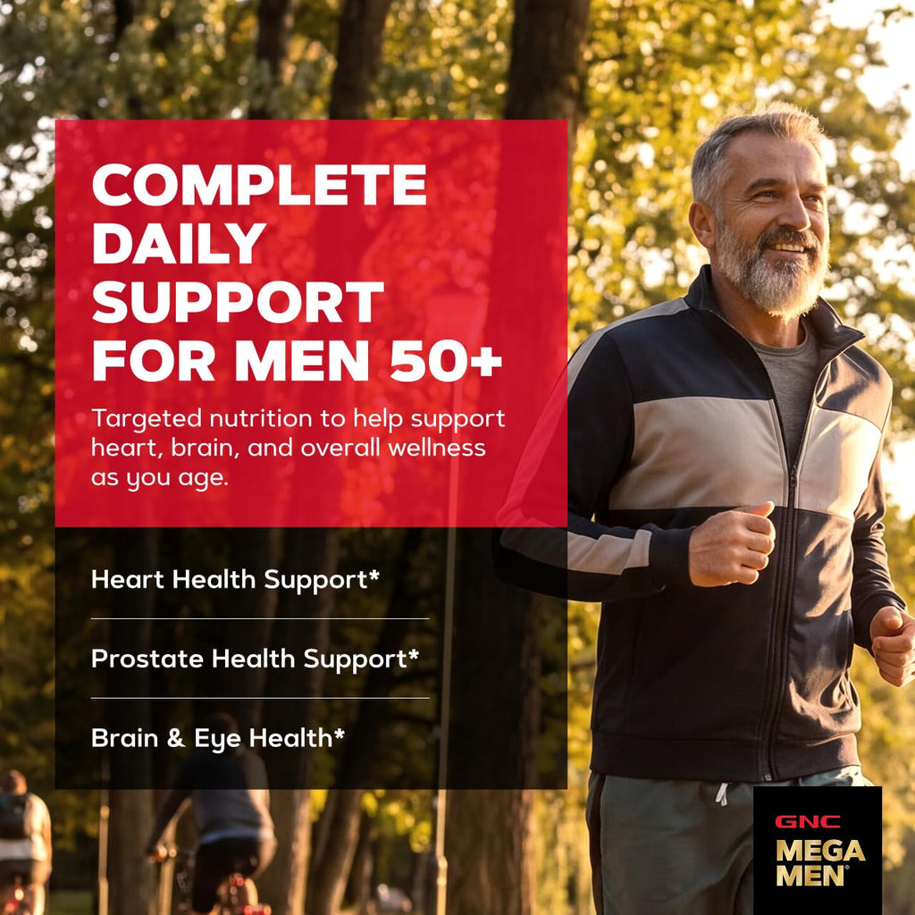 GNC Mega Men 50 Plus Multivitamin Caplets for Men, Clinically Proven, Heart & Prostate Health, B Vitamins, Saw Palmetto, Memory, Vitamin D-3, 60 Count