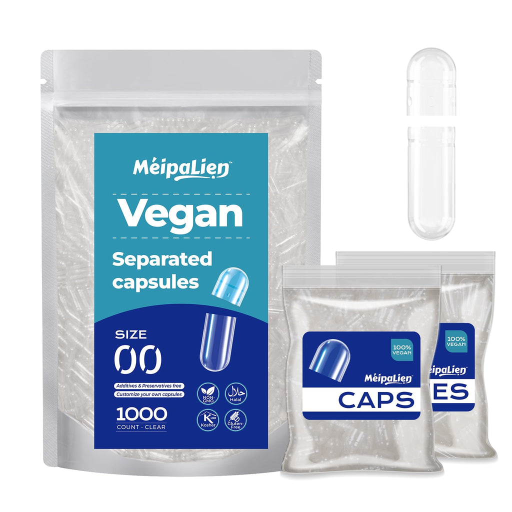 MéipaLien Vegan Separated Capsules Size 00,1000 Count Empty Premium Veggie Capsules Separated, Empty Pill Clear for Vegetarian DIY Supplements