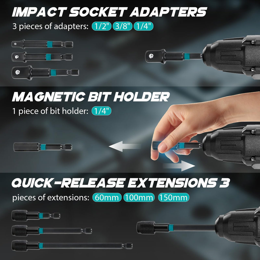 21-Piece Magnetic Nut Driver Set, Impact Drill Driver Bits with 1/4" Hex Shank, SAE & Metric Cr-V Steel Impact Nut Drivers, Quick-Release Bit Holder, and Storage Bag
