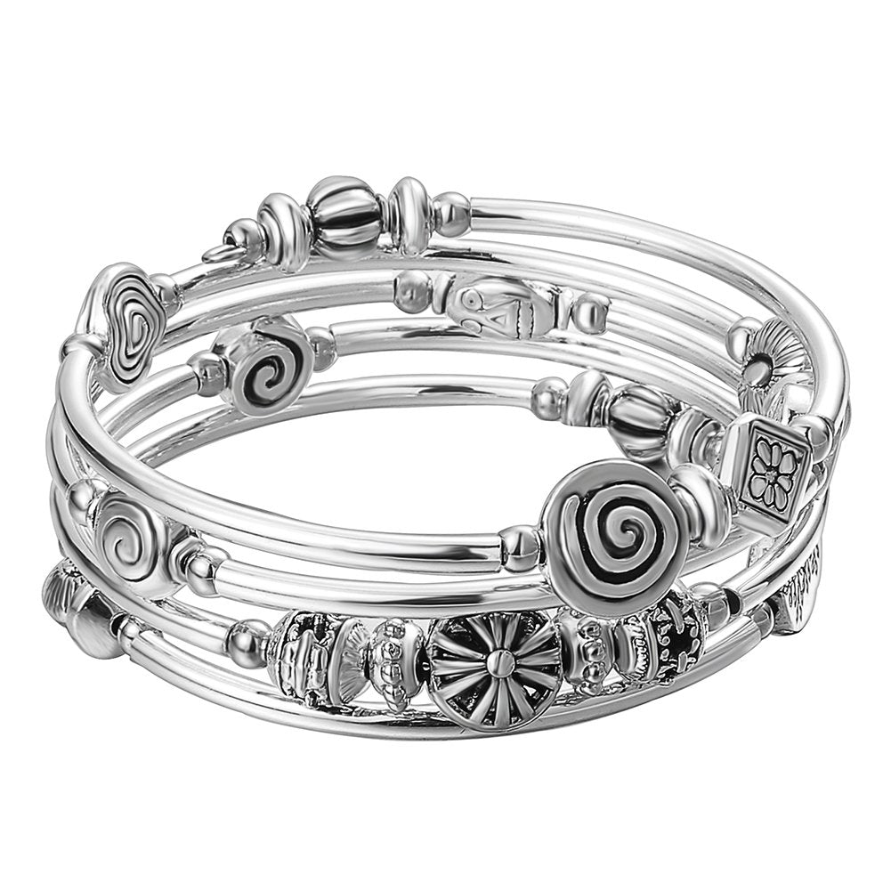 Beaded Pearl Bangle Wrap Bracelet - Fashion Bohemian Jewelry Multilayer Charm Bracelet with Thick Silver Metal Beads, Gift For Women(Metal)