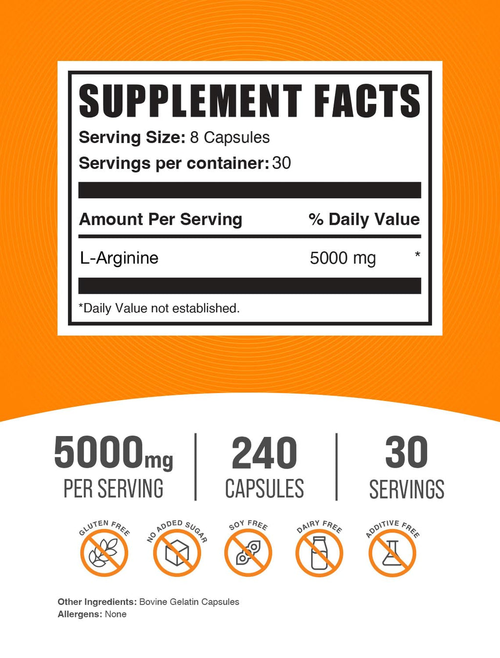 BulkSupplements.com L-Arginine Capsules - Arginine Supplement, Nitric Oxide Supplement - Gluten Free, 8 Capsules per Serving (5000mg), 240 Count (Pack of 1)