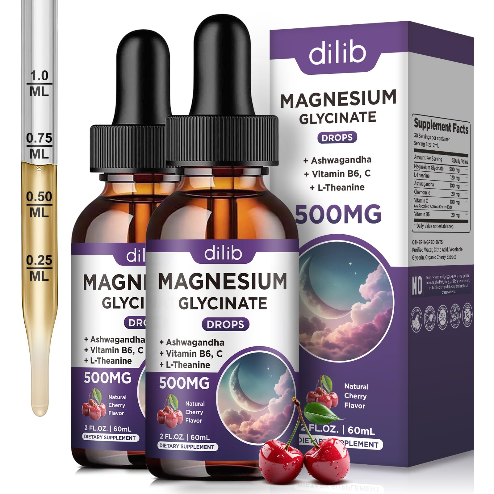 (2 Pack) Magnesium Glycinate Liquid Drops 500mg, with Vitamin B6, Ashwagandha, L - Theanine, Chamomile, Magnesium Glycinate Supplement High Absorption for Sleep, Stress, Energy Mood - Cherry Flavor