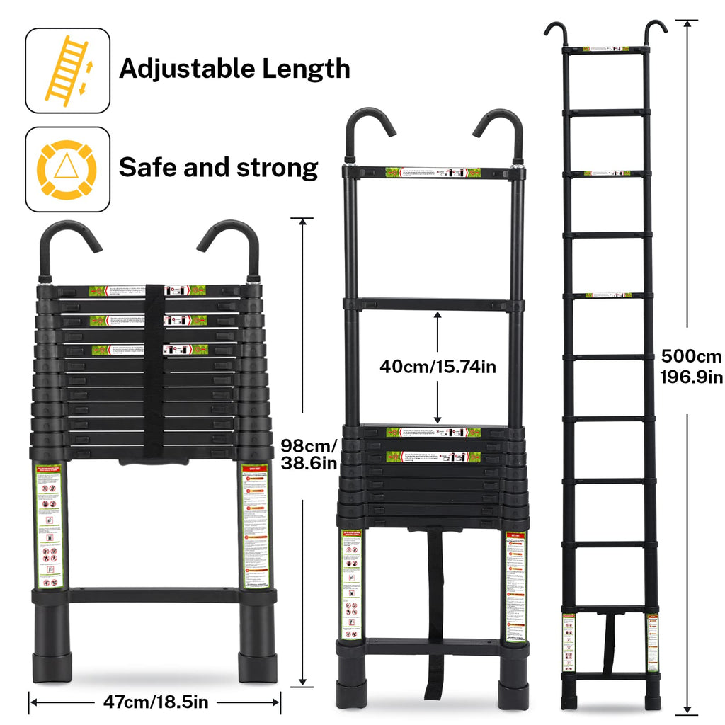 RIKADE Telescopic Ladder, 16.5 ft Aluminum Telescoping Ladder with Non-Slip Feet and Stable Hook, Portable Extension Ladder for Household and Outdoor Working, Max Load 330 lb, Black
