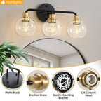 3 Light Bathroom Vanity Light, Black and Gold Bathroom Light Fixtures with Clear Glass Shade Modern Wall Sconces Lighting Bath Wall Lights Lamp for Mirror Kitchen Living Room Bedroom Hallway Cabinet