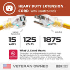 IRON FORGE CABLE 15 Foot Lighted Outdoor Extension Cord - 12/3 SJTW Heavy Duty Yellow Extension Cable with 3 Prong Grounded Plug for Safety, 15 AMP - Great for Garden and Major Appliances