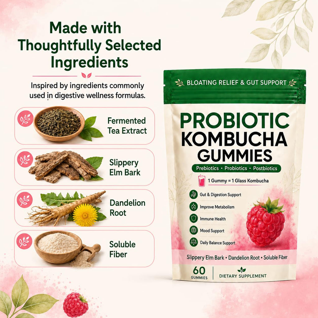 Awjsde Jevawell Kombucha Gummies, Prebiotic Probiotic Postbiotic Formula, Digestive & Gut Health Support, Microbiome Balance & Digestive Comfort, Vegan, Non-GMO, 60 Gummies (1 Peak)