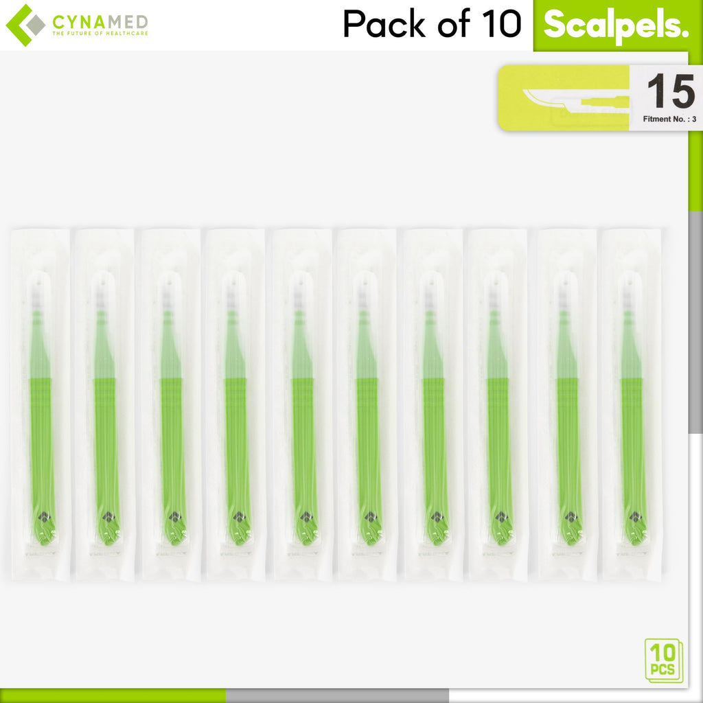 Cynamed Disposable Scalpel Blades| Sharp, Tempered Stainless-Steel Blades | Pack of 10 Sterile Scalpel Knives| Plastic Handle| Individual Pouches| for Dermaplaining, Crafts & More (No.15)