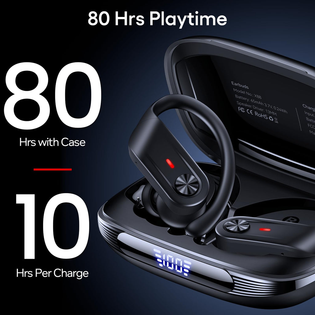 TAGRY Wireless Headphones Sport Earphones with Earhook Mic in-Ear headsets Balck