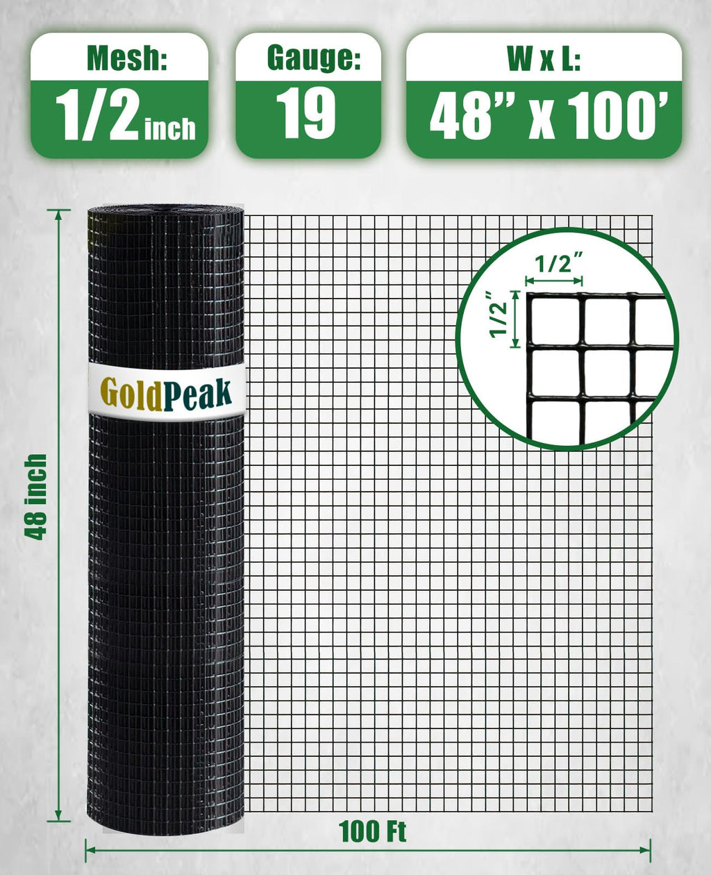 GoldPeak Black Hardware Cloth 1/2 inch 48 inch x 100 Foot 19 Gauge - Vinyl Coated Welded Wire Mesh Roll Chicken Wire Fencing Garden Fence Tree Guard Hardware Mesh Wire Fence Roll
