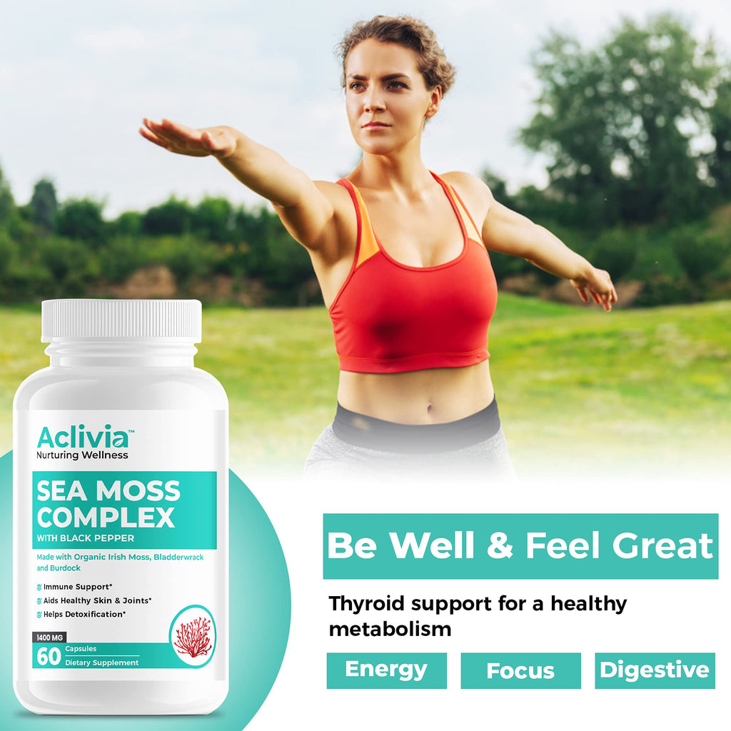 Aclivia - Organic Irish Sea Moss Capsules with Bladderwrack & Burdock Root - 102 Minerals Sea Moss Supplement - Thyroid Support, Immune Boost - Non-GMO (60 Count)
