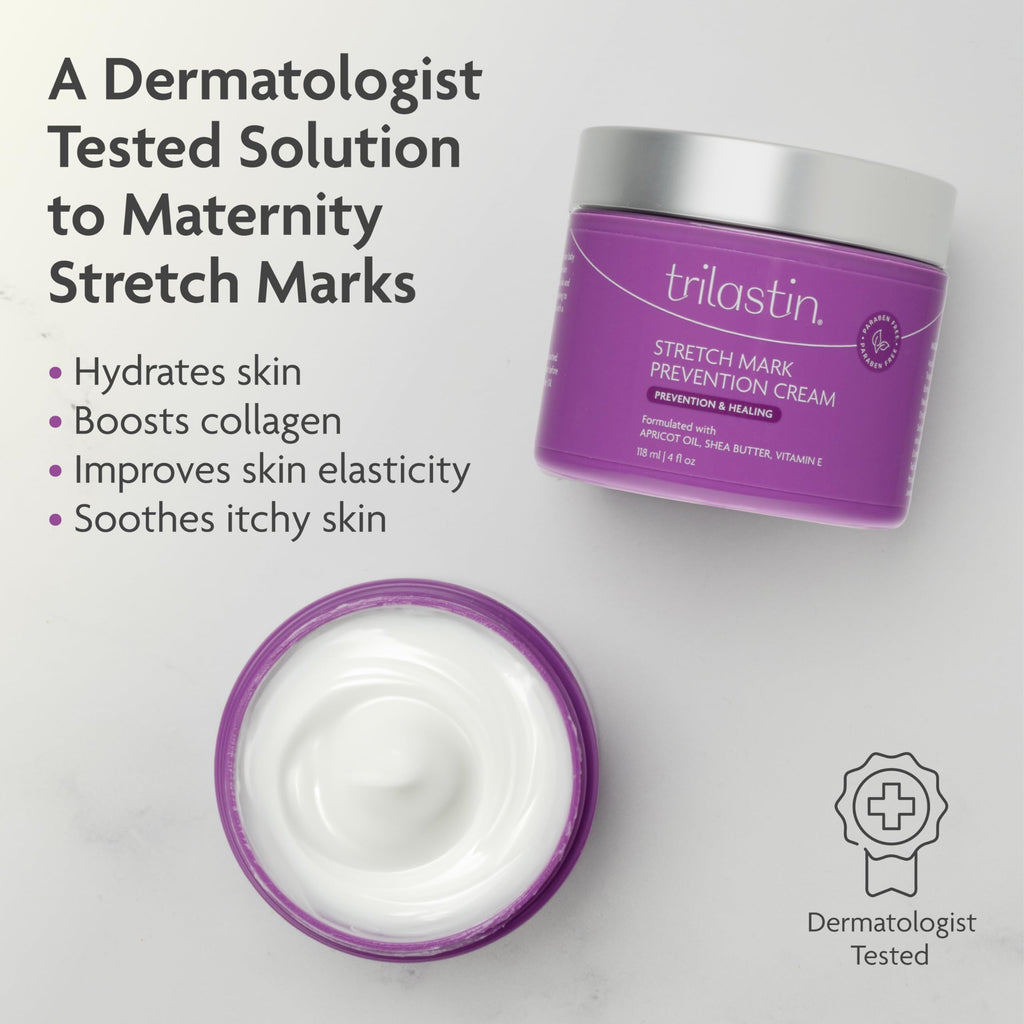 Trilastin Stretch Mark Cream for Pregnancy – Hydrating Belly Cream for Pregnant Women- Shea Butter & Vitamin E, Paraben Free, No Added Fragrances - Maternity Body Lotion for Belly, Hips, Thighs – 4 oz