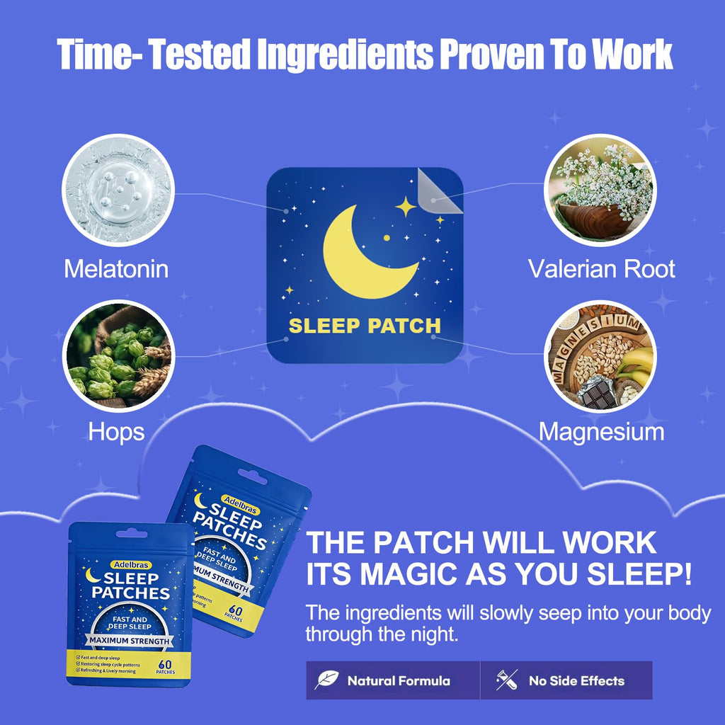 Adelbras Sleep Patches for Adults, Upgraded All-Natural Ingredients, Fast-Acting Melatonin & Valerian, Long-Lasting Night Comfort Sleep Aids for Men & Women (60 PCS)
