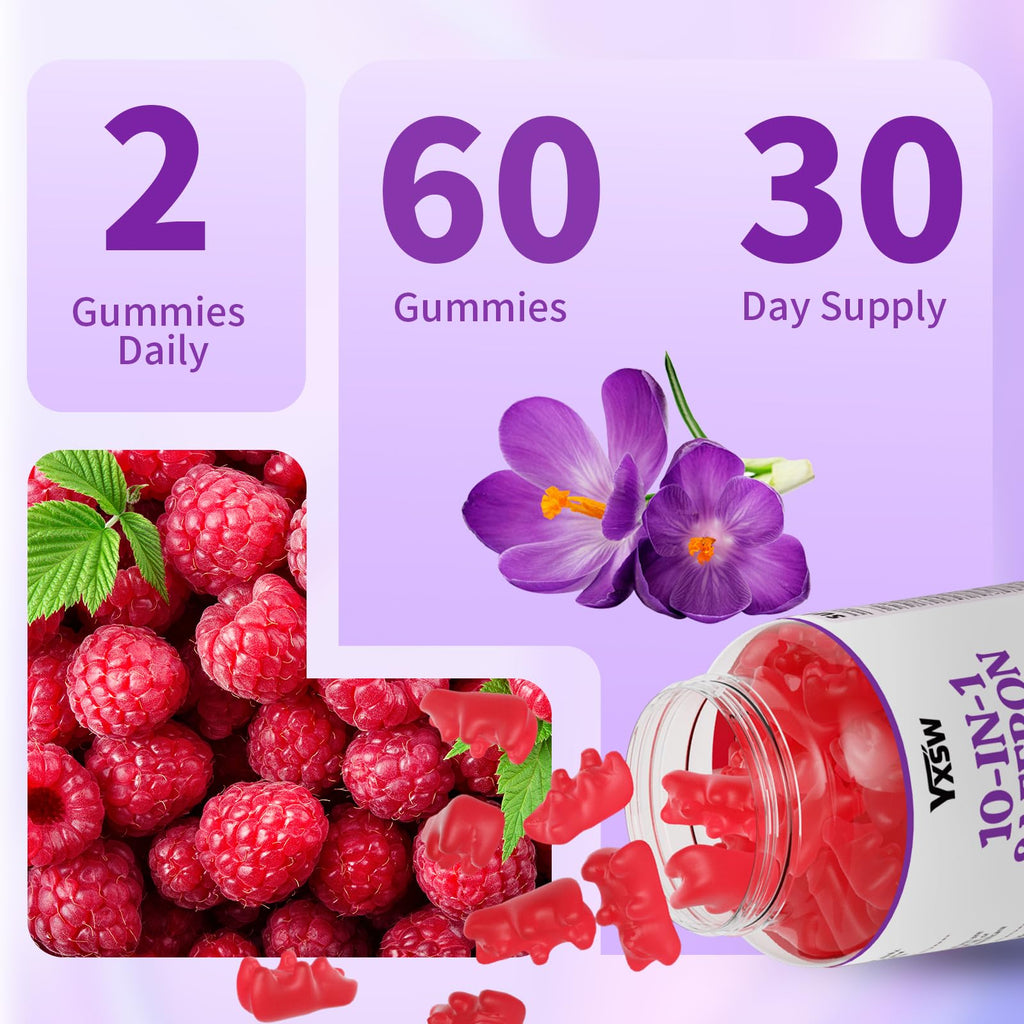 YXSW Saffron Gummies, Saffron Supplements for Kids & Adults with Ashwagandha, L-Theanine, Lemon Balm, Vitamin D3, B6, Magnesium & Zinc - Support Focus, Relaxation, Raspberry Flavor, 120 Count