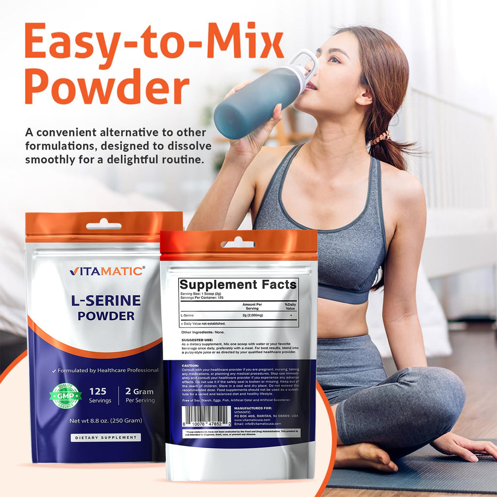 Vitamatic L-Serine Pure Powder 250 Gram | 2000 mg per Serving | 125 Servings | Unflavored | No Additives | Free of Soy, Eggs, Fish & Artificial Ingredients