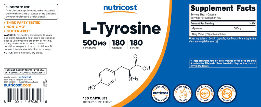 Nutricost L-Tyrosine 500mg, 180 Capsules (3 Bottles)
