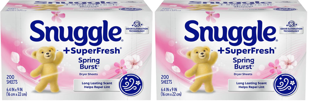 Snuggle Dryer Sheets, Spring Burst, 200 Count | Plus SuperFresh | Static Control | Odor Eliminating | Pack of 2