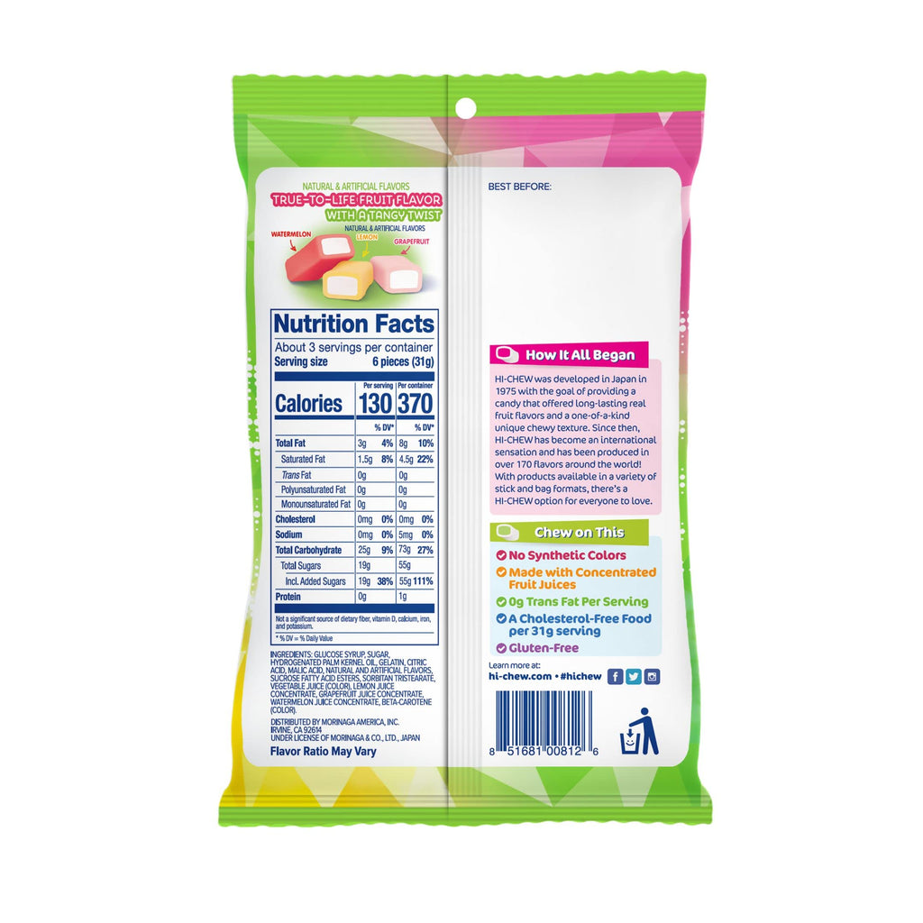 HI-CHEW Sweet & Sour Mix Candy, Pack of 6 Bags, 3.17oz each - Watermelon Lemon Grapefruit, Unique Fun Soft & Chewy, Immensely Juicy Fruity Candy Flavors, Individually Wrapped Halloween Candy
