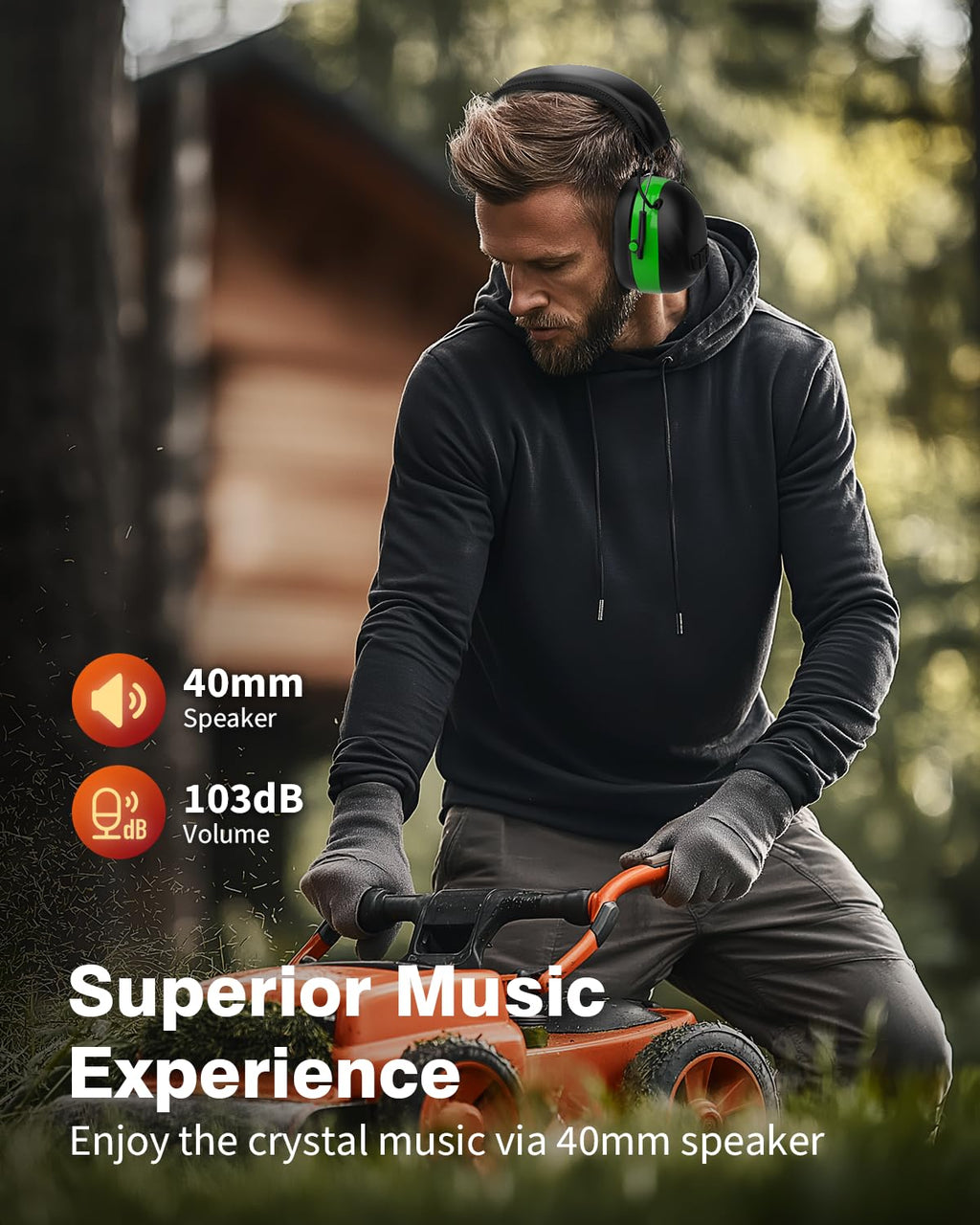Qozybuds Bluetooth 6.0 Hearing Protection Headphones with 120H Working Time, 30dB SNR, Superior Stereo Sound Quality, Larger Buttons for Easy Operation, Safety Ear Muffs for Lawn Mowing, Workshops