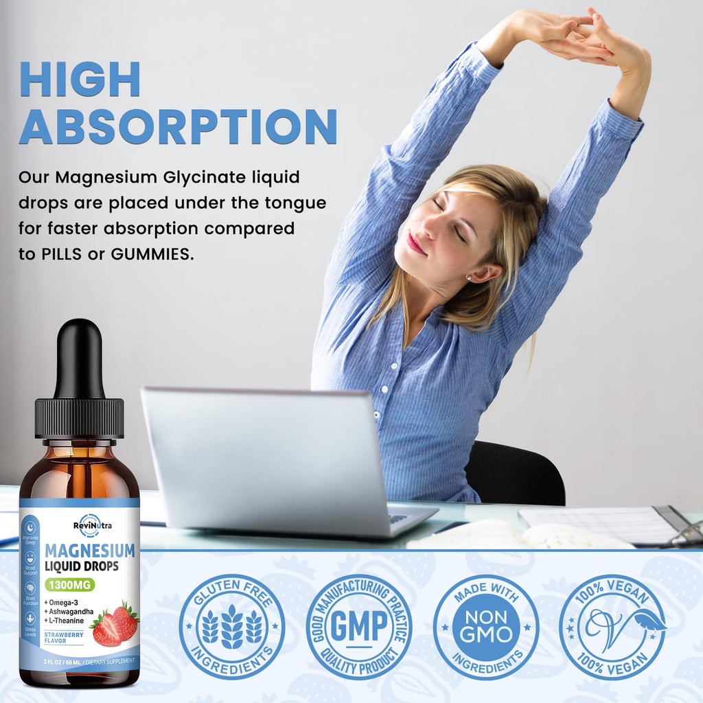 Triple Magnesium Complex Liquid Drops, 1300mg Magnesium Glycinate, Taurate & Citrate with Omega3, L-Theanine, Ashwagandha, Potassium, D3, B6, B12 for Calm, Sleep, Muscle, Strawberry Flavor, 2 Fl OZ