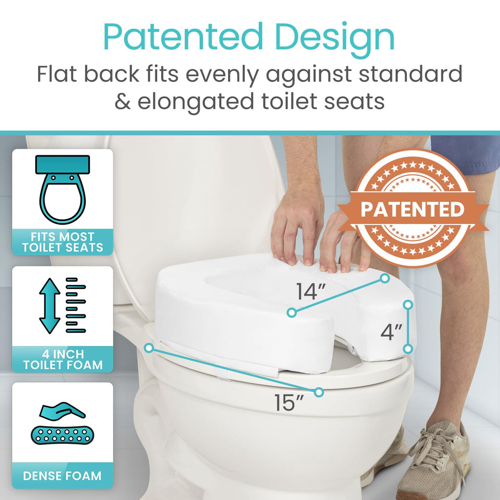 Vive Toilet Seat Riser Cushion for Seniors - Universal Fit - Raised Toilet Seat with High-Density Foam for Elongated & Standard - Firm Handle, Cushioned & Padded - Elevated Medical Handicap Lifter