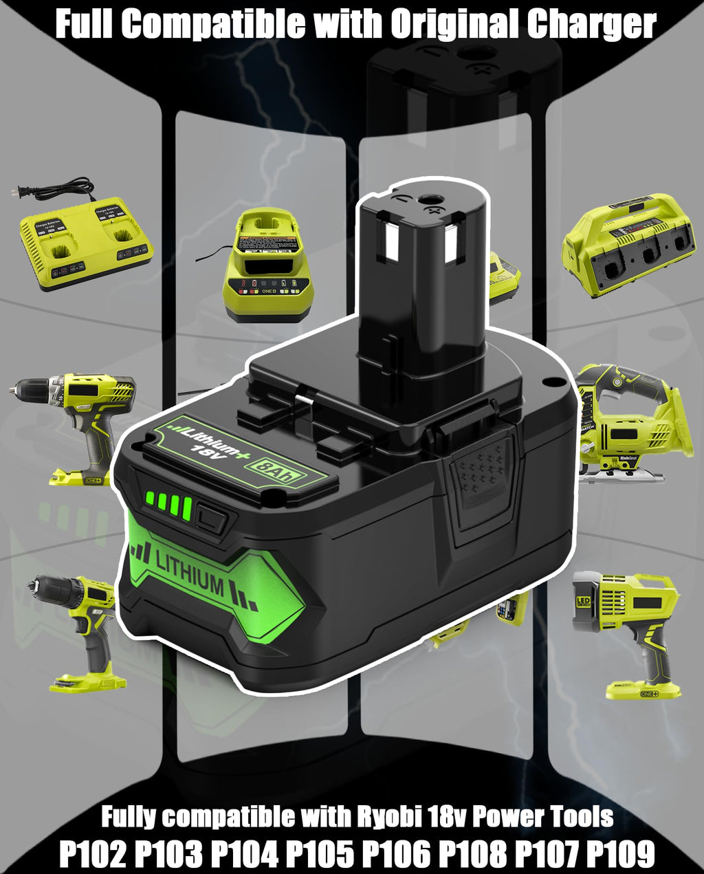 BAVRUY 2 Pack Upgrade 8000mAh for Ryobi 18V Battery Lithium ion Compatible P102 P103 P104 P105 P107 P109 P122 PBP002 PBP003 PBP004 PBP005 RB18L50(8AH*2)