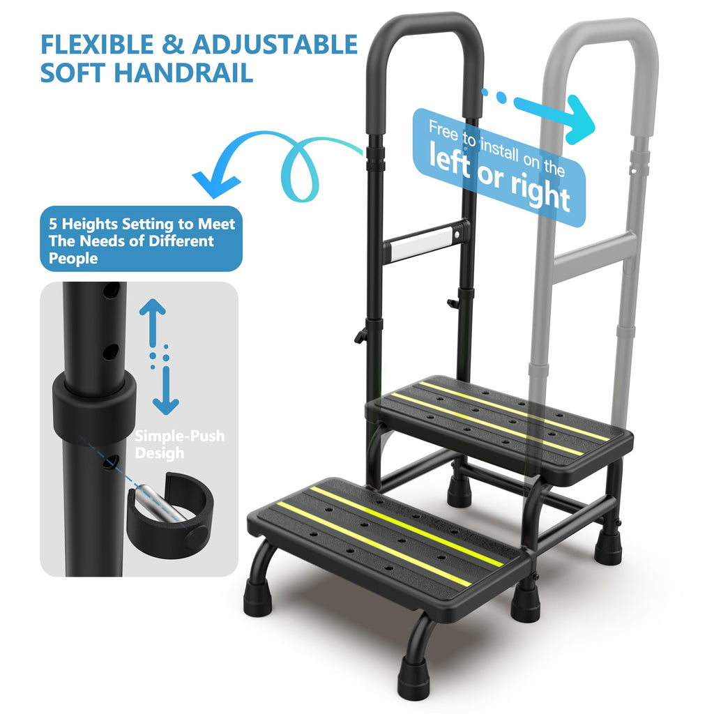 [2025 Upgrade] 2 Step Stool with Handle for Elderly with Sensor Night Light,Medical Heavy Duty Step Stool with Adjustable Handrail, Bedside Steps for People with Mobility Impairments,350lbs