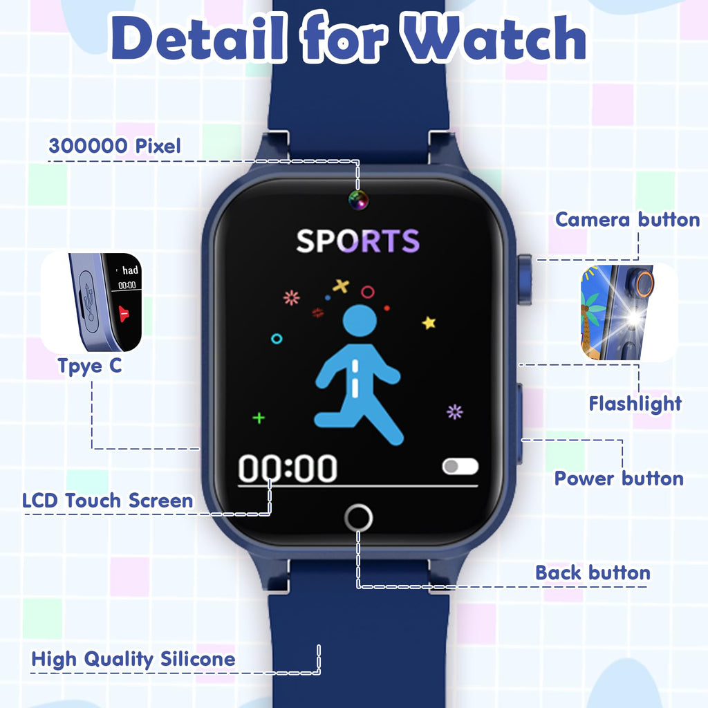Luyiilo Smart Watch for Kids, with 26 Puzzle Games, Touch Screen, HD Camera, Alarm Clock, Toys for Ages 4-12 Years Old.Birthday Gift for Boys Girls (Blue)