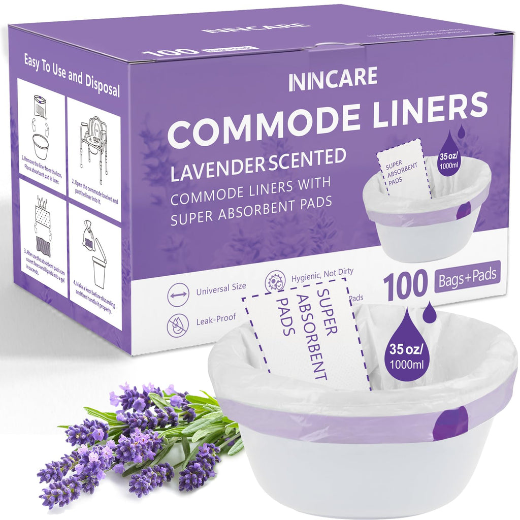 Commode Liners with Absorbent Pads for Bedside Commode, 100 Lavender Scented Commode Liners and Pads, Potty Bags for Portable Toilet, Potty Chair Liners, Commode Toilet ＆ Camping Toilet Bags