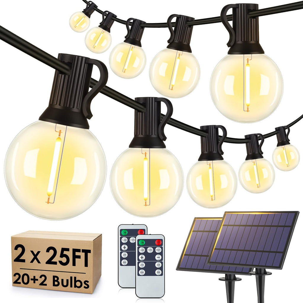 Larkvue 50FT(2x25FT) Solar String Lights Outdoor with Remote, Waterproof Dimmable 3 Modes Patio Lights with 20+2 LED G40 Bulbs for Cafe Bistro-Black