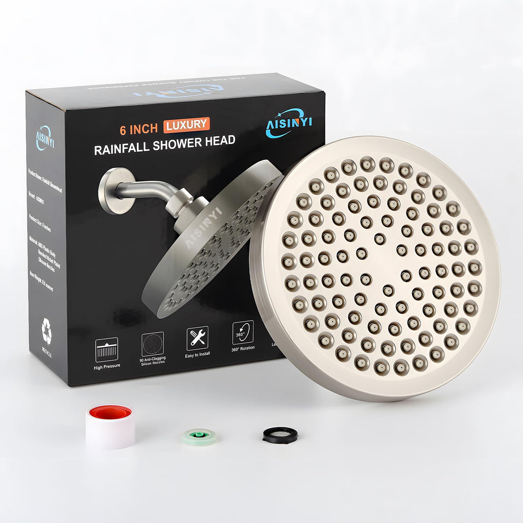 AISINYI High Pressure Rainfall Shower Head, 6 Inches Luxury Showerhead with Perfect Adjustable Replacement, Removable Restrictor, Easy Installation for Your Bathroom Shower Heads (Brushed Nickel)