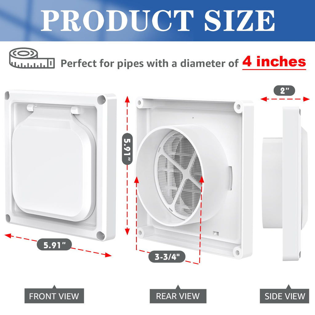 Houseluxe Dryer Vent Cover Outside 4 inch, Magnetic Door Design, Durable Airflow Vent with Lint Trap Screen, Thickened Material, 6 inch x 6 inch Size, White