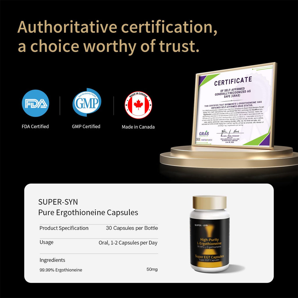 SUPER-SYN L-Ergothioneine 50mg of Ultra-Pure, Antioxidant Dietary Supplement, Cellular Health, Cognitive Health, Longevity, Gluten-Free, Vegetarian, Non-GMO
