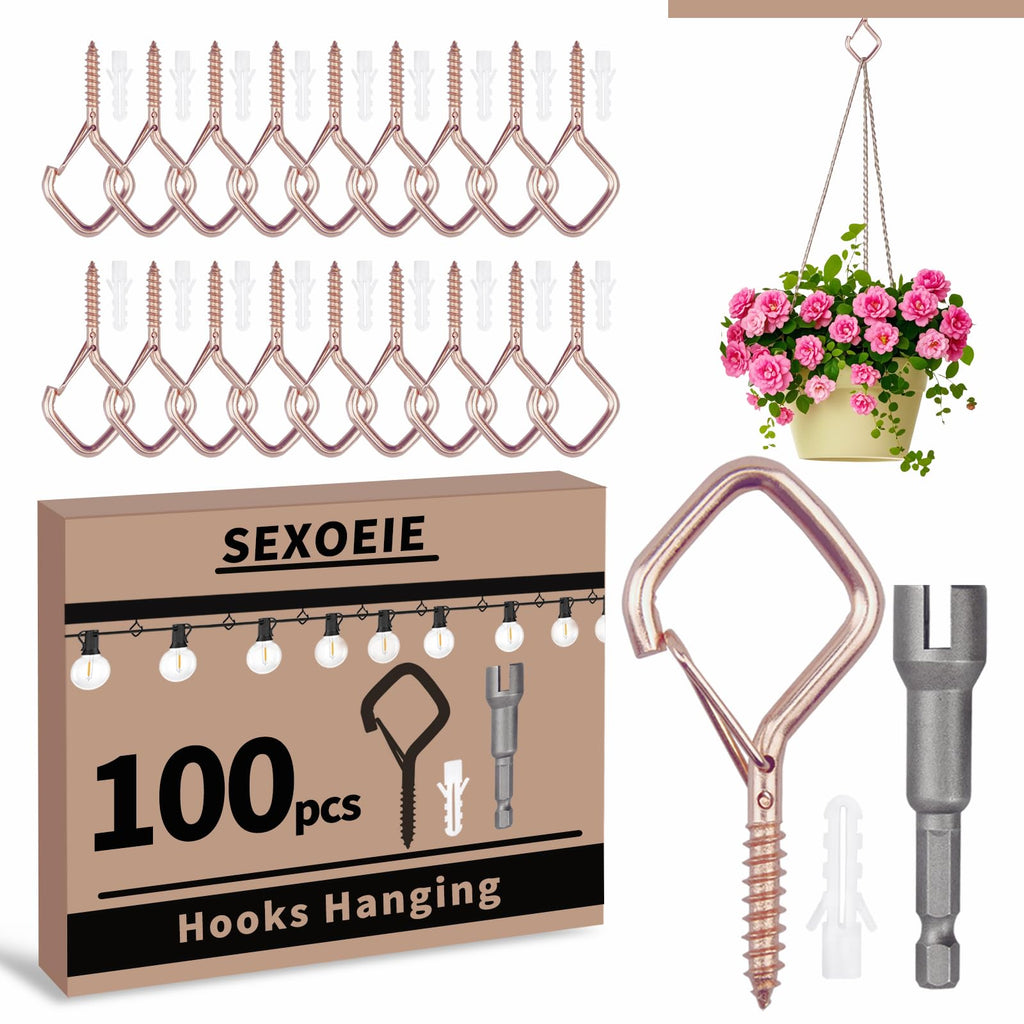 Sexoeie 100 PCS Rose Gold Eye Screw Hooks for Hanging Heavy Duty with Safety Buckle.Metal Ceiling Hooks for Hanging Plants Cup Wind Chime Bird Feeders Patio Lights At Indoor&Outdoor