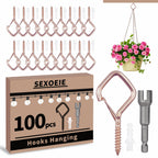 Sexoeie 100 PCS Rose Gold Eye Screw Hooks for Hanging Heavy Duty with Safety Buckle.Metal Ceiling Hooks for Hanging Plants Cup Wind Chime Bird Feeders Patio Lights At Indoor&Outdoor