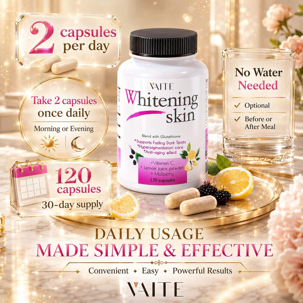 VAITE Glutathione Whitening Pills - Dark Spots & Acne Scar Remover - Vegan Skin Bleaching Pills with Anti-Aging & Antioxidant Effect - 120 Capsules (3 Pack)