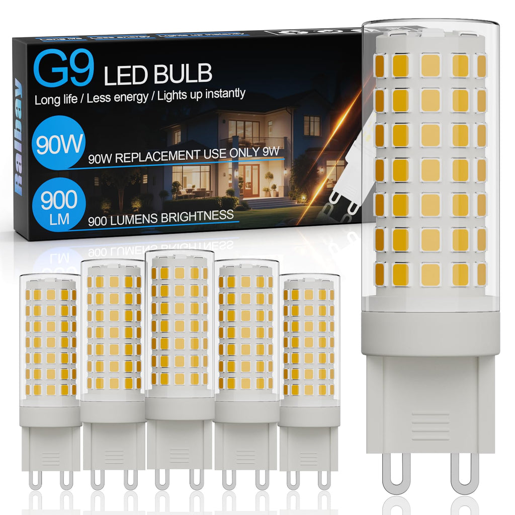 Ralbay 6-Pack Dimmable G9 LED Bulbs 9W 6000K White Light, 900LM Ultra Bright Creates Cozy Warm Glow, Wide Dimmer Compatible for Bedroom Living Room Lamp