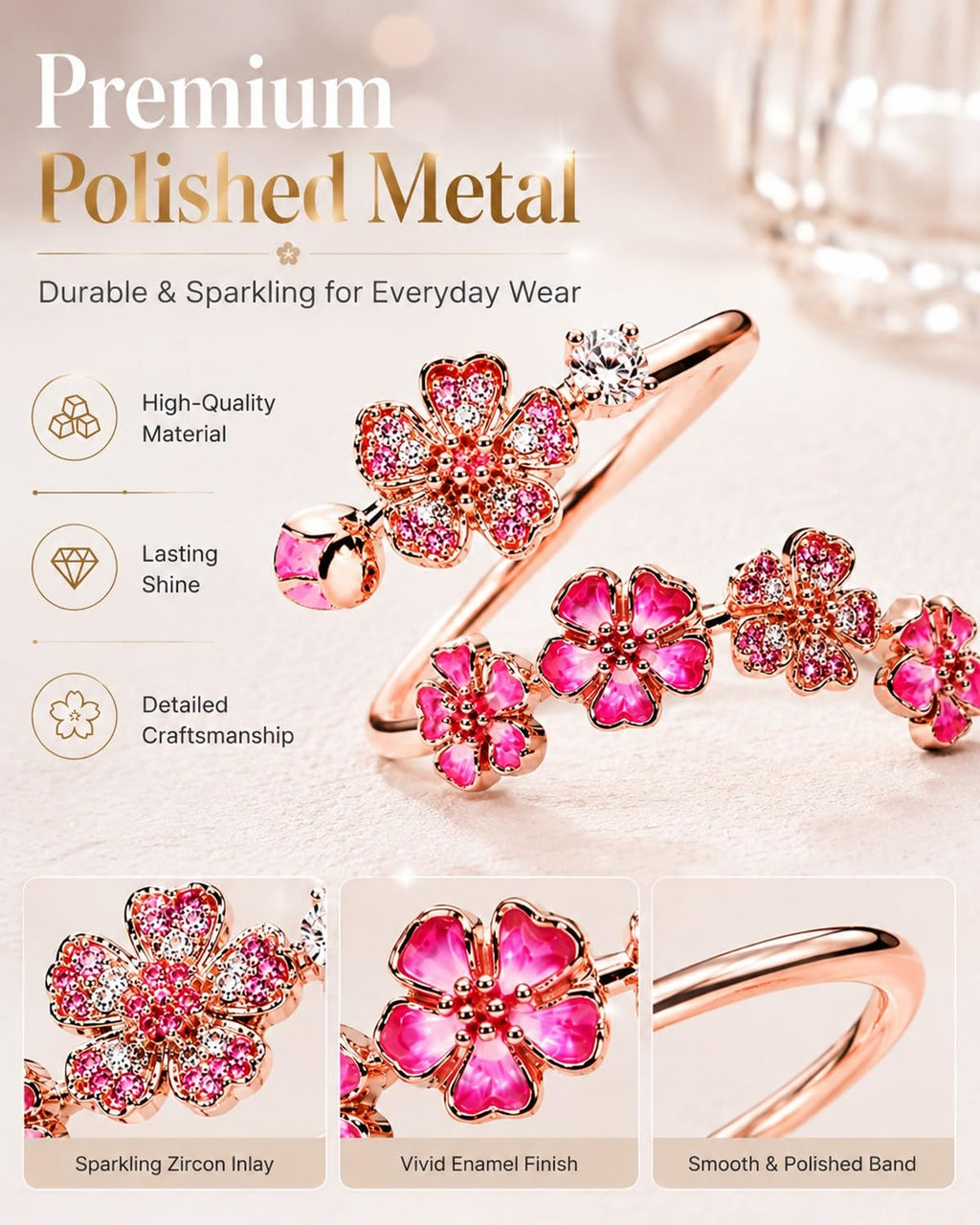 GATIHOK Peach Blossom Ring, Pink Flower Rings for Women Gemstone Everyday Trendy Bridal Bridesmaid Adjustable Metal Ring Hand Flower for Wedding Silver Minimalist Bloom Petal Rings Vacation