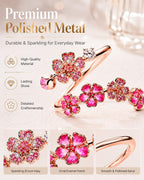 GATIHOK Peach Blossom Ring, Pink Flower Rings for Women Gemstone Everyday Trendy Bridal Bridesmaid Adjustable Metal Ring Hand Flower for Wedding Silver Minimalist Bloom Petal Rings Vacation