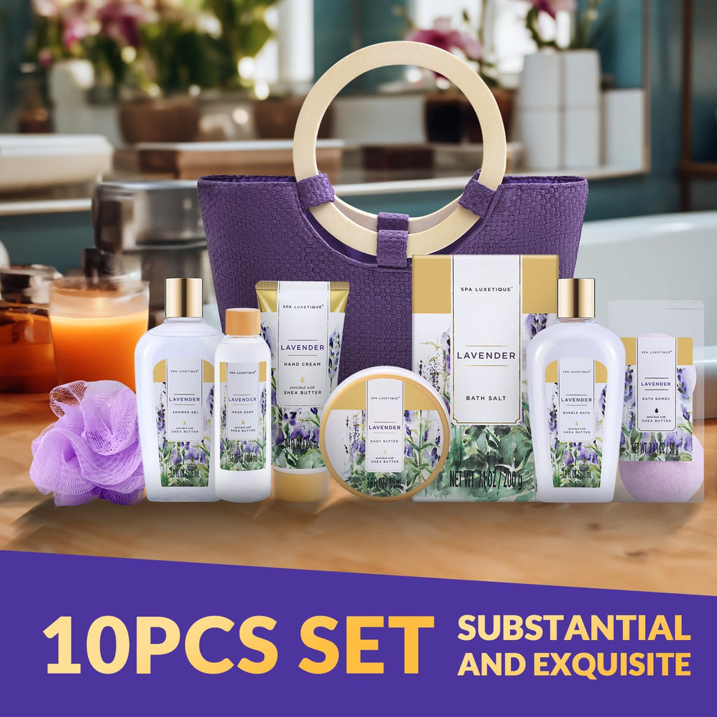spa luxetique Gift Baskets for Women, Spa Gifts for Women - 10pcs Lavender Bath and Body Sets with Body Lotion, Bubble Bath, Relaxing Spa Sets, Birthday Valentine's Day Gifts for Her