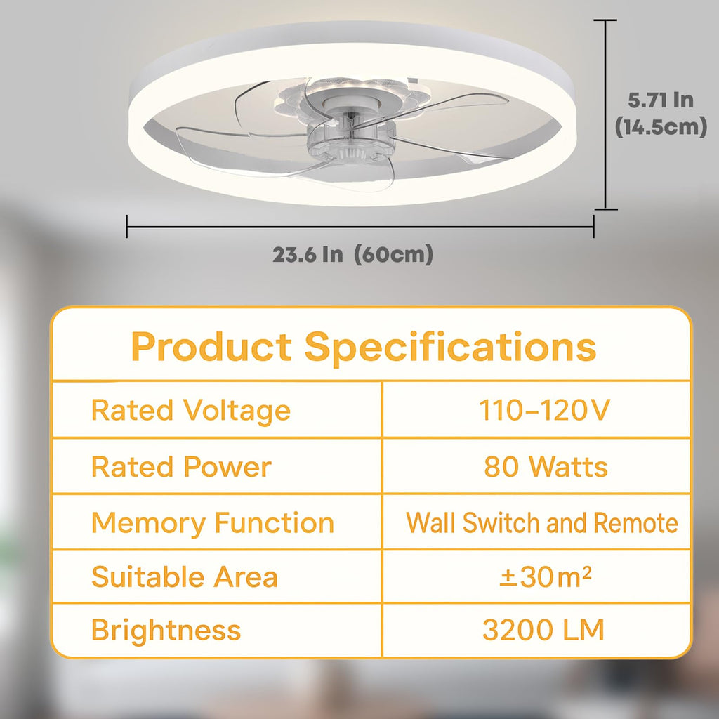 FSZDORJ 24'' Ceiling Fan with Light, Upgraded Low Profile Ceiling Fan with Light, Dimmable Flush Mount Ceiling Fan with Light, Fan light, 6 Speeds, App & Remote Control, Quiet Fan for Bedroom, Kitchen