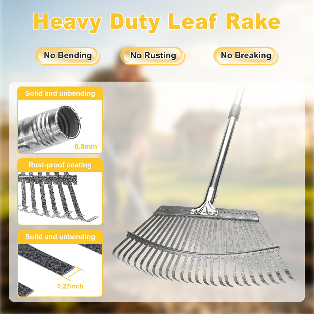 18-Inch Wide Heavy Duty Adjustable Metal Leaf Rake, 62-Inch Long Handle Garden Rake for Lawns, Grass, Flower Beds & Outdoor Yard Cleanup