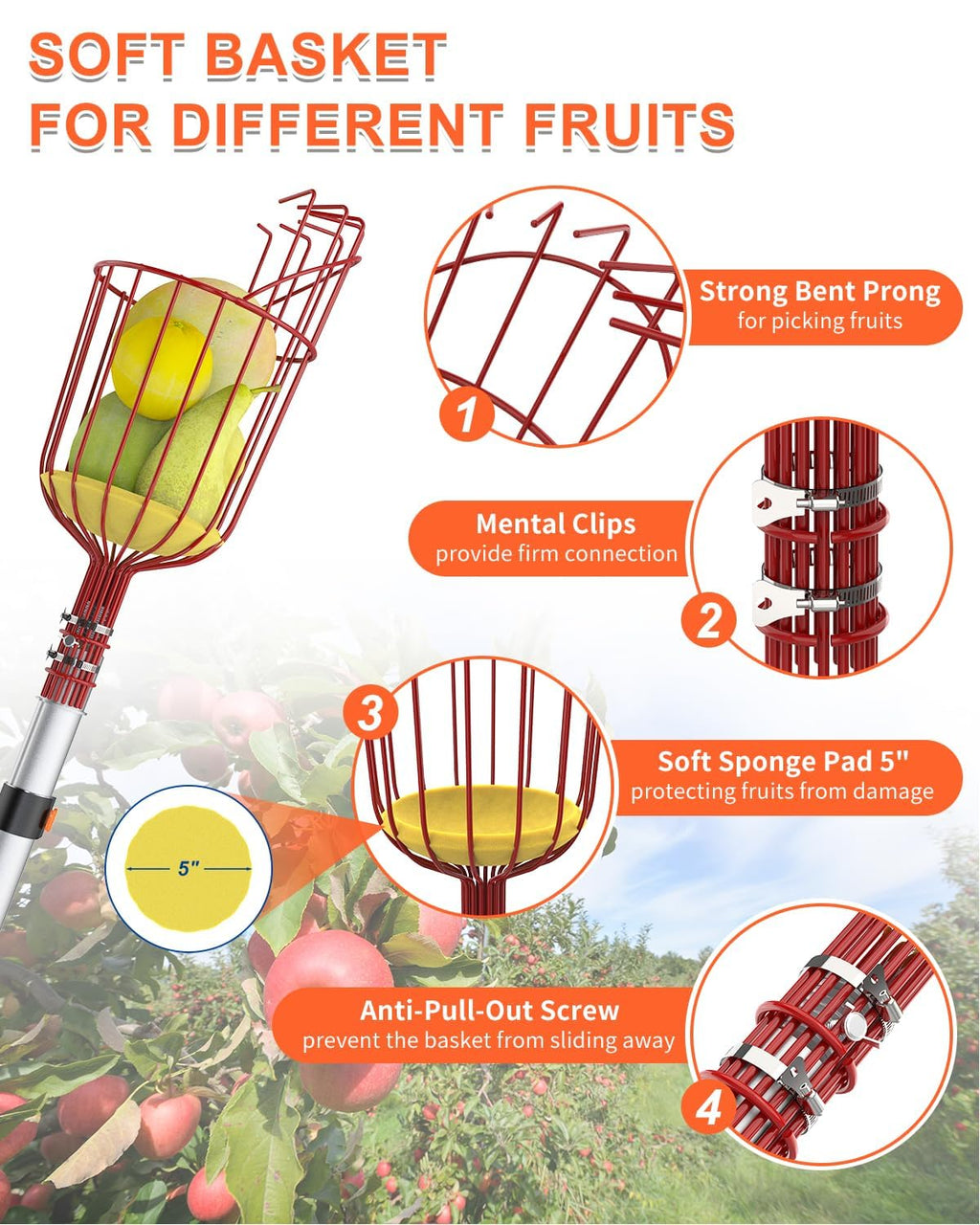 Buyplus 26ft High Reach Fruit Picker with Basket Telescoping, 5-20 Foot Heavy Duty Sturdy Aluminium Telescoping Extension Pole, Easy to Attach Twist-On Metal Basket for Picking Mango Avocado Lemon