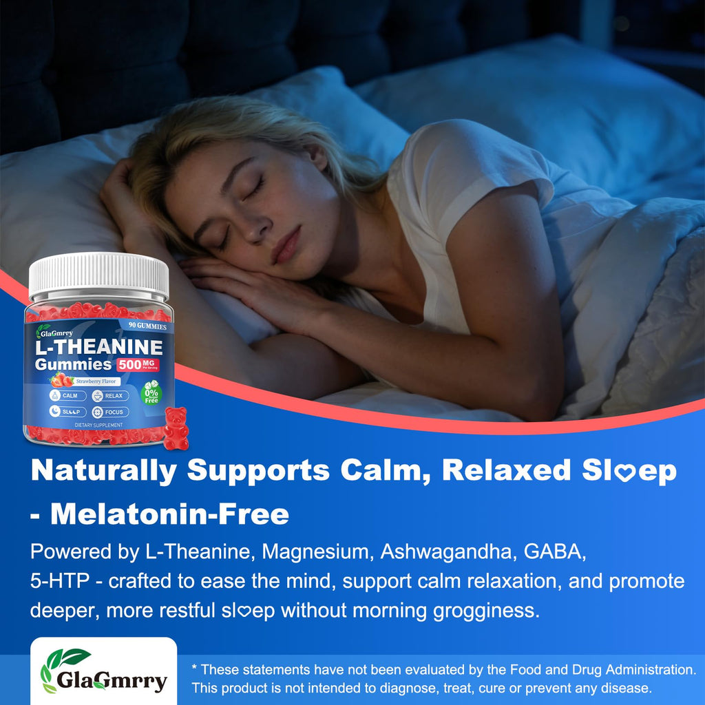 GlaGmrry 90 Count | L Theanine Gummies, L Theanine Supplement for Adults & Kids, w/Ashwagandha, Magnesium, GABA & 5-HTP, Sugar Free Liposomal Formula for Calm Relax zzZ M♡♡d & Focus, Vegan