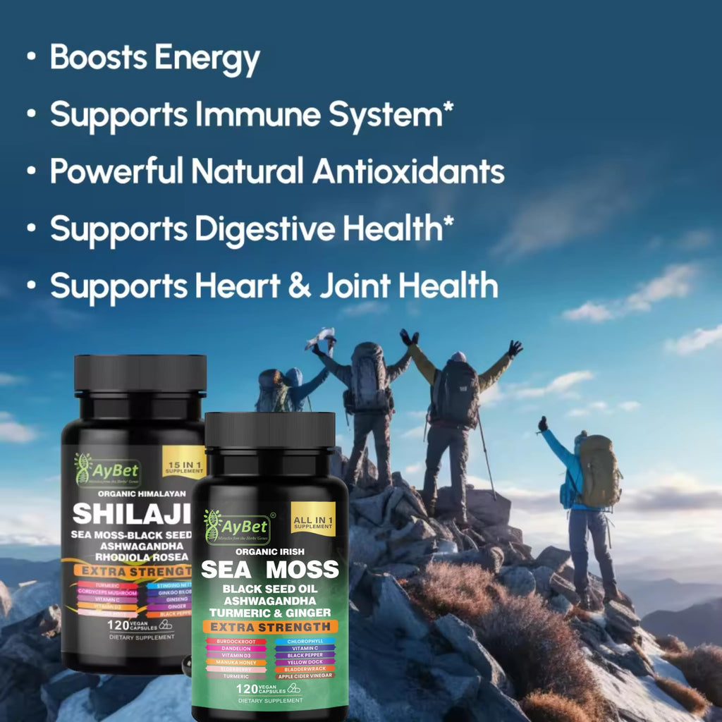 AyBet Sea Moss & Himalayan Shilajit Supplement Combo–Herbal Formula with Black Seed Oil, Ashwagandha, Rhodiola, Turmeric, Ginger – Mineral, Antioxidant Support–Organic, Halal, Vegan Capsules–240 Count