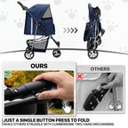 MoNiBloom 3 Wheels Pet Stroller, Foldable Dog Cat Cage Jogger Stroller with Weather Cover for All-Season, Storage Basket and Cup Holder, Breathable and Visible Mesh for Small/Medium Pets, Blue