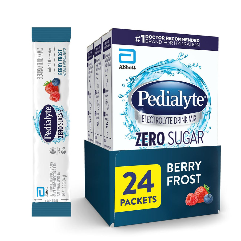 Pedialyte Electrolyte Drink Mix with Zero Sugar | Hydration with Key Electrolytes | Great Hydration Low in Calories | Berry Frost, 24 Powder Packets
